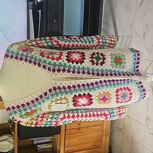 Handmade White with Multicolor Square Pattern Cotton Crochet Outerwear